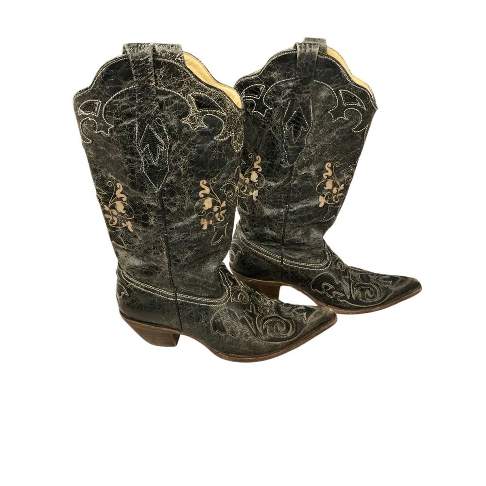 Corral Vintage Black Leather Lizard Inlay Cowboy C2108 Boots Womens Size 10.5